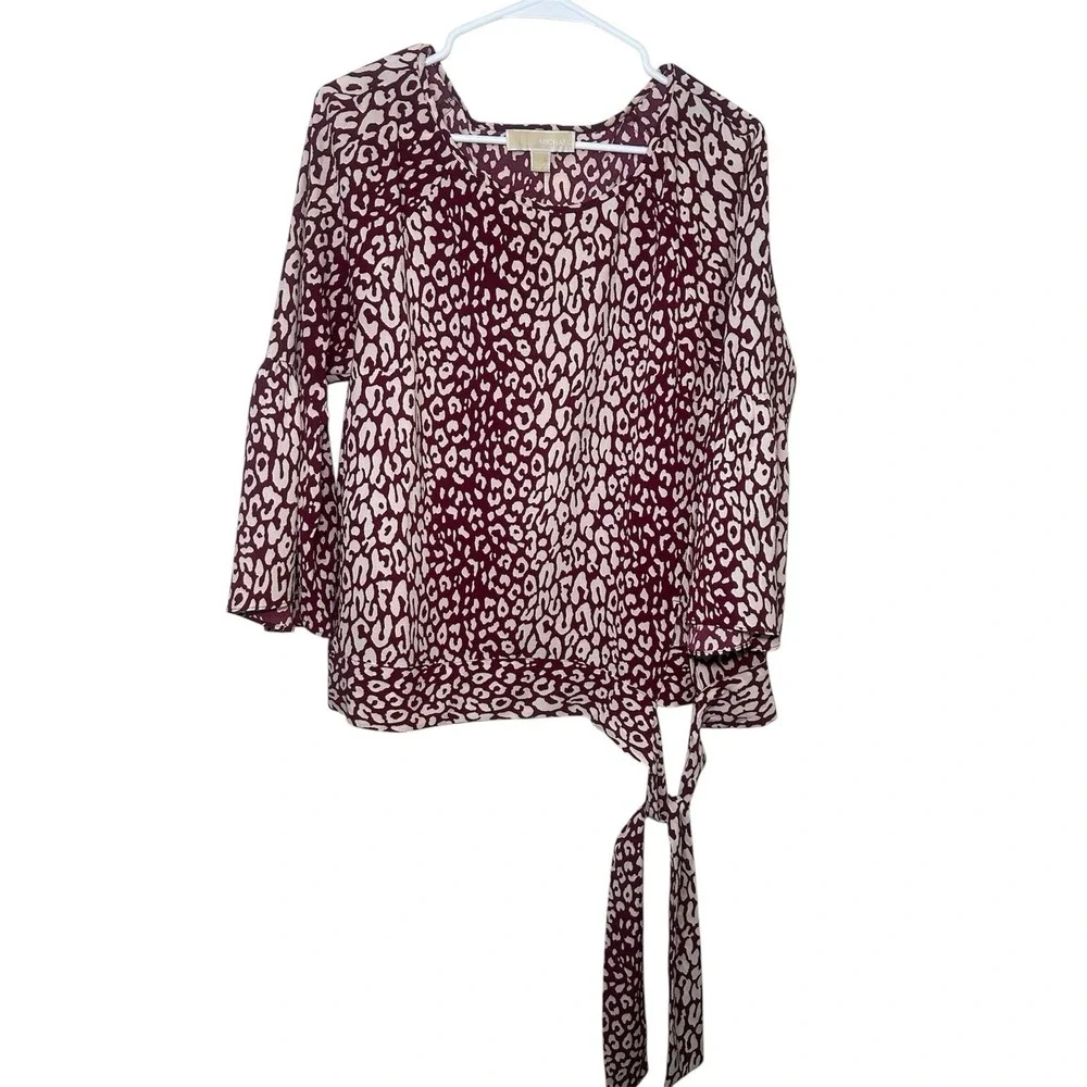 Michael Kors Maroon Animal Pring Long Bell Sleeve Women's Top Large Sheer Dinner